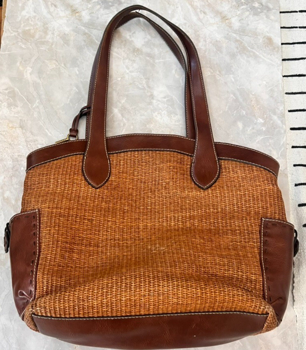 Fossil Woven Jute Shoulder Bag Brown With Leather Straps and Key Charm Medium